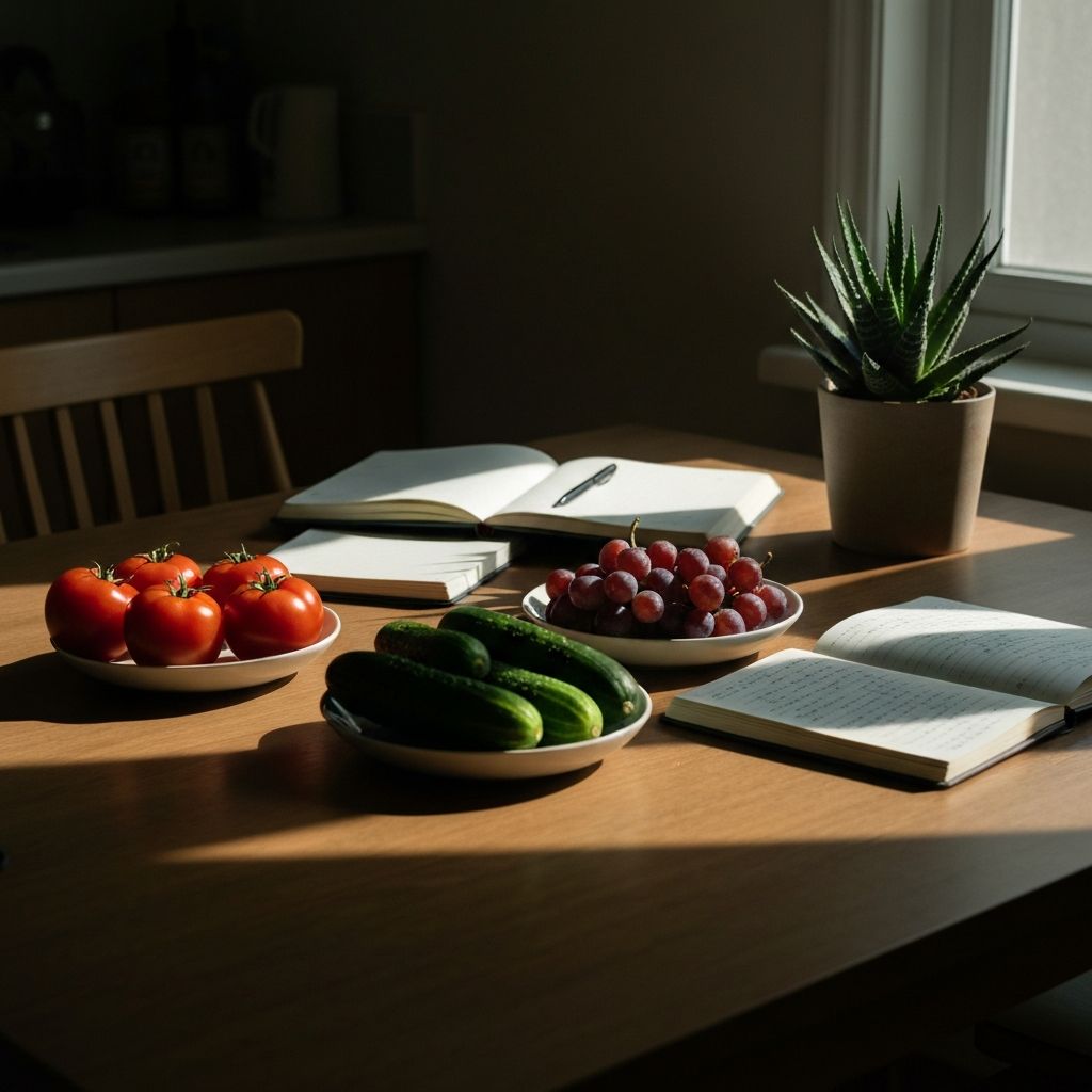 Sunlit kitchen table with fresh produce, notebooks and a plant