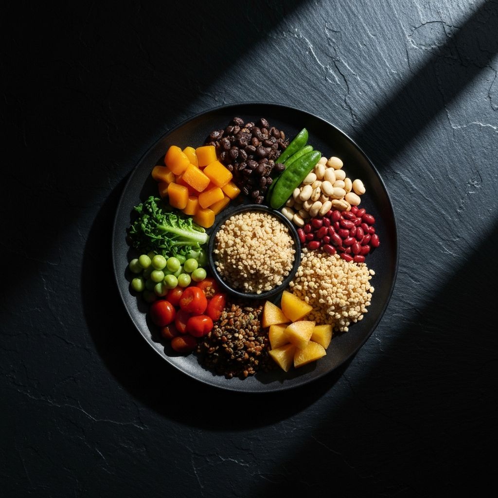 Overhead photograph of a carefully arranged balanced plate with diverse food groups on a dark slate surface