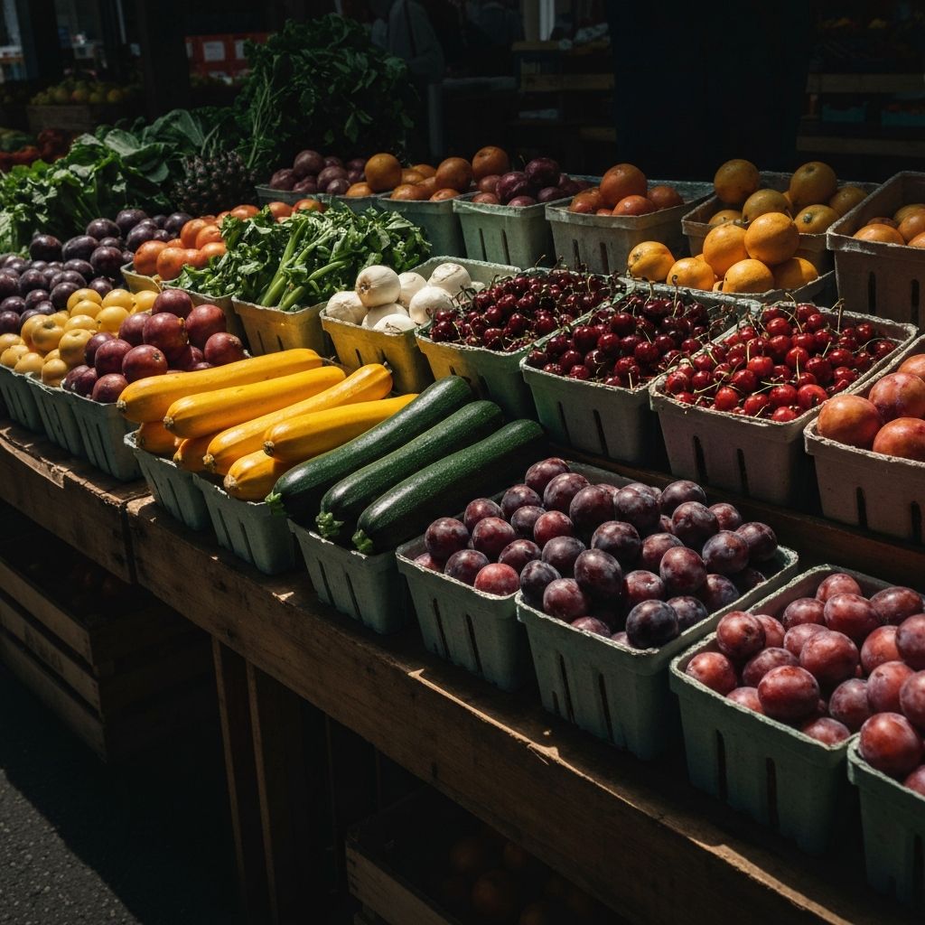Seasonal vegetables and fruits at a farmer's market stall