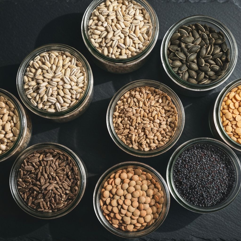 Whole grains and seeds in small glass jars on a slate surface