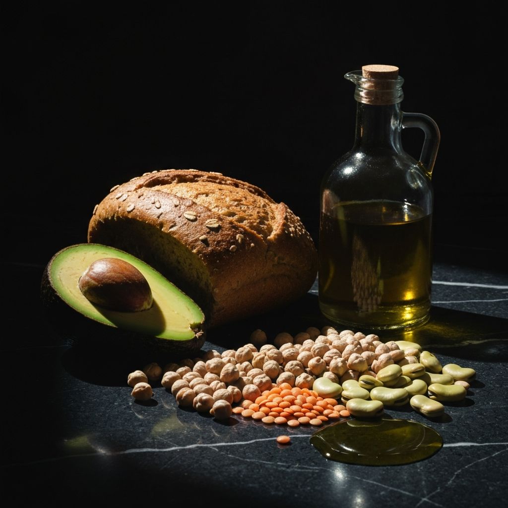 Whole foods including avocado, olive oil and legumes on a dark marble surface