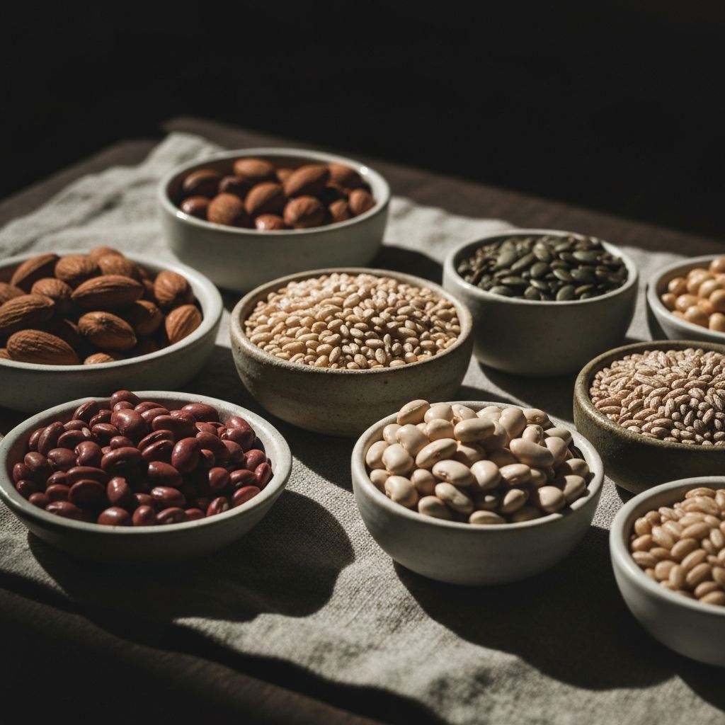 Assorted nutrient-rich foods including nuts, seeds and legumes in ceramic bowls